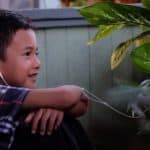 photo of a child sitting and listening to something on earbuds. There is a plant in front.