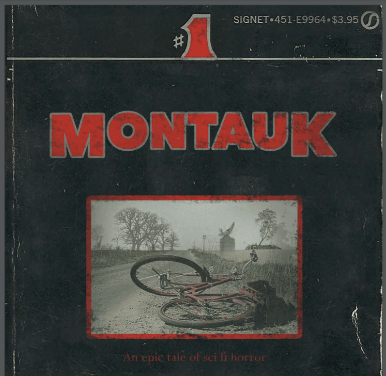 The cover page to the Stranger Things story bible. A black background scratched to resemble a used, old paperback book. Red text in a retro font reads "MONTAUK." A faded photo of a bicycle in a field with a satellite in the background sits in the middle of the cover in a red border. A red subtitle reads: "An epic tale of sci-fi horror."