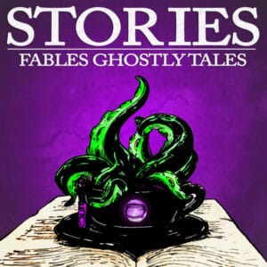 The cover art for Stories Fables Ghostly Tales. The image has a purple background and green tentacles coming out of a black top hat with a purple gem, set atop an old book. The podcast's title is at the top of the image in white serif text.