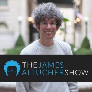 A photo of James Altucher in front of a nondecscript outdoors street. He wears glasses and a grey sweater. A black banner across a section towards the bottom of the image contains the show's logo--a cartoon outline of Altucher's hair and glasses--and title are written in blue and white.