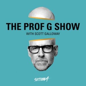 The cover art for The Prof G Show with Scott Galloway. The image has a teal background. Scott Galloway's head has been photographed in black and white. The top of his head has been cut off and floats above the rest of his head and face. The show's title is written in black sans-serif text between the two halves of head.