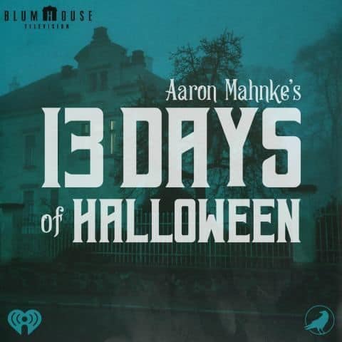 The cover art for 13 Days of Halloween. The title is written in a white, semi-transparent slab serif gothic font over a photograph of an old manor overlaid with blues and greens.