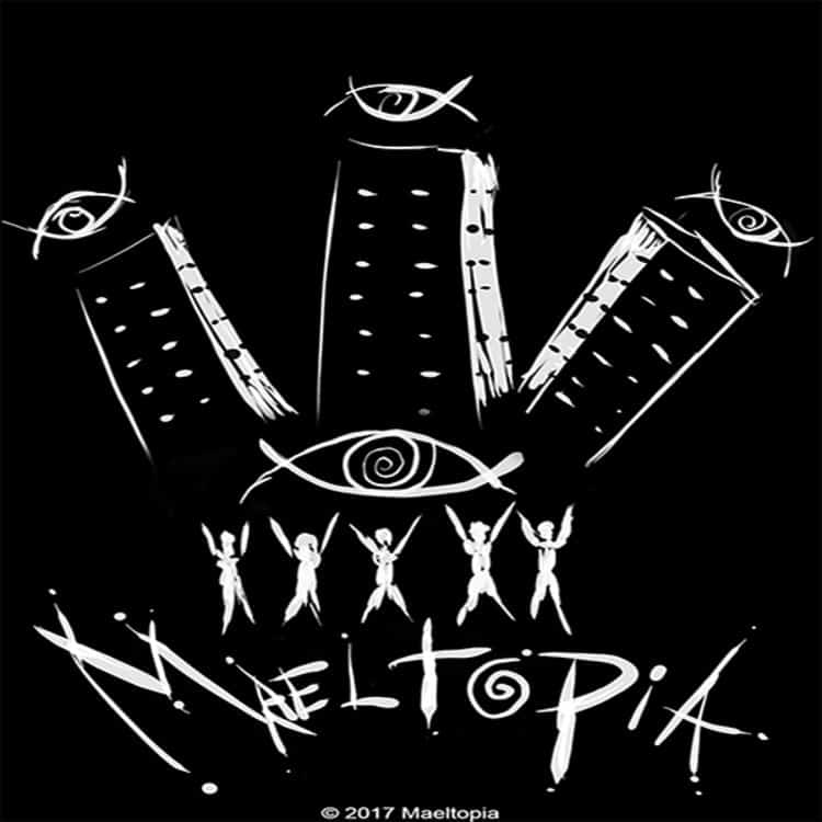 The cover art for Maeltopia. On a black background, a white sketch of stick figures with arms raised, as though praying in a cave painting, in front of three skyscrapers with eyes floating atop.