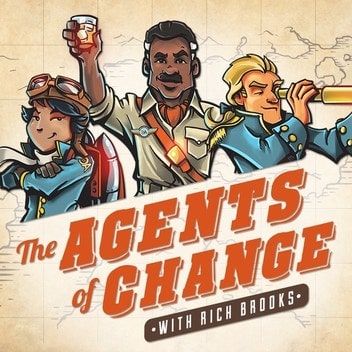 The cover art for Agents of Change. An adventurous illustration of three fantastical-looking characters in front of a stylized antique map.