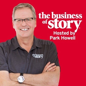 Cover art for The Business of Story. A photograph of the host, Park Howell, in front of a bright red background. The podcast's title is written in white lower-case serif text