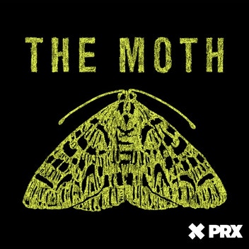 The cover art for The Moth. A yellow, textured illustration of a moth in front of a black background. The podcast's title is written in the same yellow in all-caps sans-serif font.