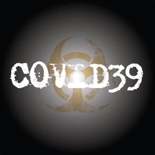 The cover art for Covid39. The show's title is in a white splattered typewriter font of a dark background with a textured biohazard symbol.
