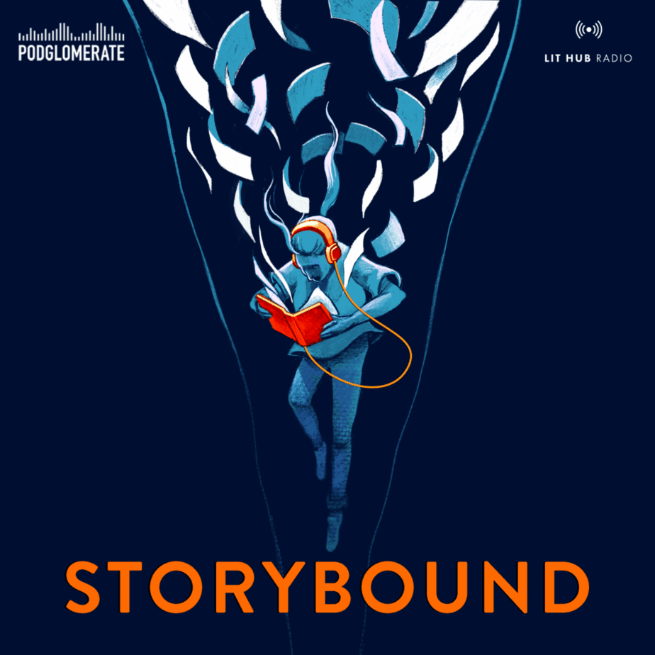 The cover art for storybound. In front of a dark navy background, a person illustrated in shades of blue falls while reading a book and wearing headphones, the pages flying past. The book and headphones are both red and orange. The podcast's title is at the bottom of the image in all-caps sans-serif orange text.