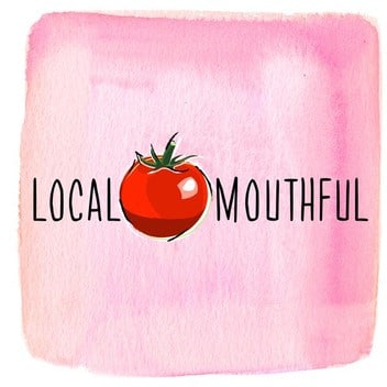 The cover art for Local Mouthful. On a watercolor pink background, the podcast's title is written in all-caps sans-serif black font with an illustration of a tomato in the middle.