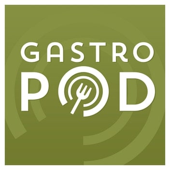 Cover for Gastro Pod. The title of the podcast is written in a white rounded all-caps sans-serif font in front of an olive green background. The "o" in "pod" is stylized like a plate with a fork.