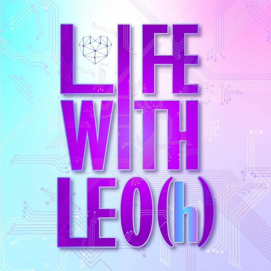 Life with Leo(h) cover art. The title is written in purple sans-serif all-caps font over a blue and purple ombre background. with a subtle purple texture of a microchip. Art by Carlos Garcia.