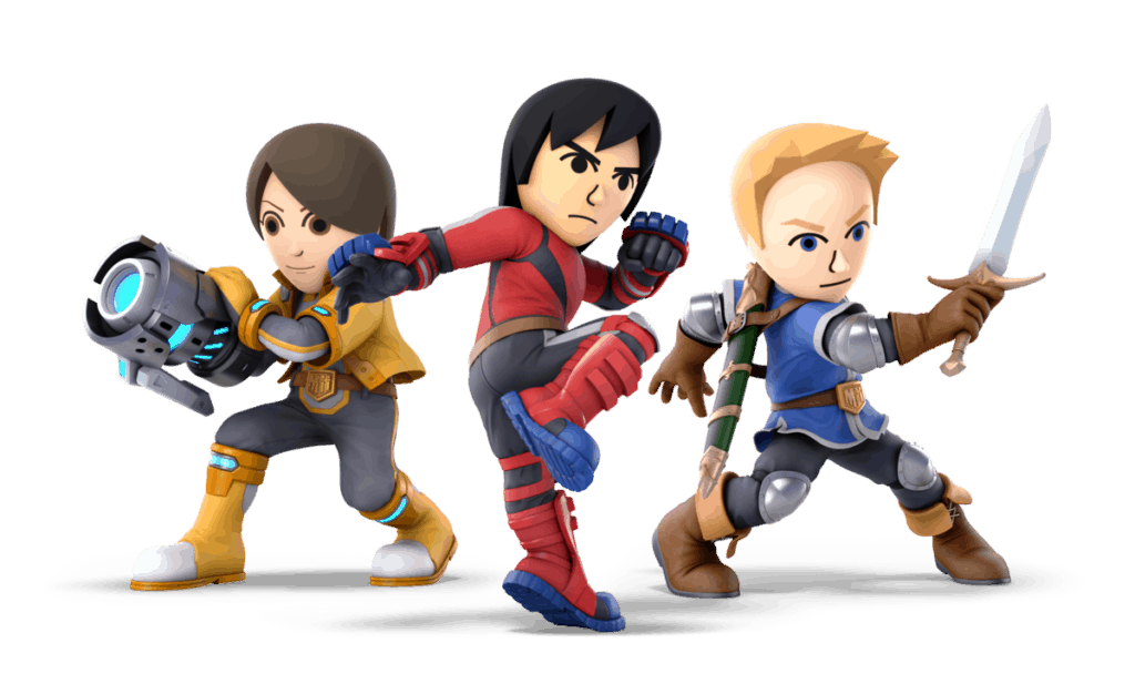 Mii Fighter, three iterations of potential Mii characters