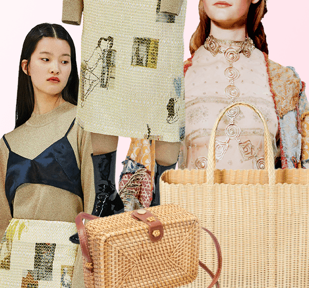 A collage of fashion including rattan accessories, textured tops with strange, natural-looking prints, and a body necklace that straight up looks like the magic Whitney Houston Fairy Godmother does in the good version of Cinderella