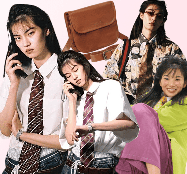 A collage of fashion including late 80s/early 90s thrifted menswear-inspired looks with ties, a sachel styled like a briefcase, and a look of oversized neon green jacket and mauve pants