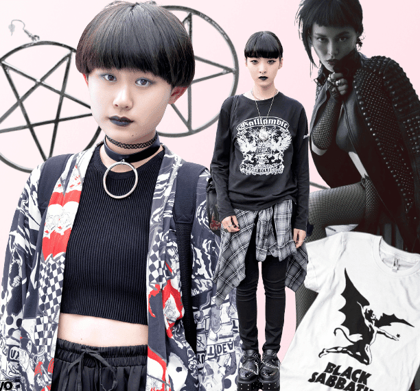 A collage of fashion including casual goth styles, studs, leather, and a Black Sabbath band tee