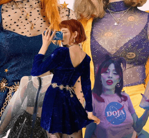 A collage of fashion including Doja Cat again because Podcake loves me (Wil, the editor, I am painfully bisexual), 90s-style astrological/celestial mesh tops over velvet and bralettes