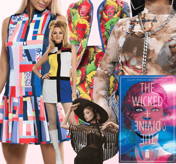 A collage including bright colors, mod-inspired dresses, a dark outfit with a wide hat and fringe, and an issue of The Wicked + The Divine
