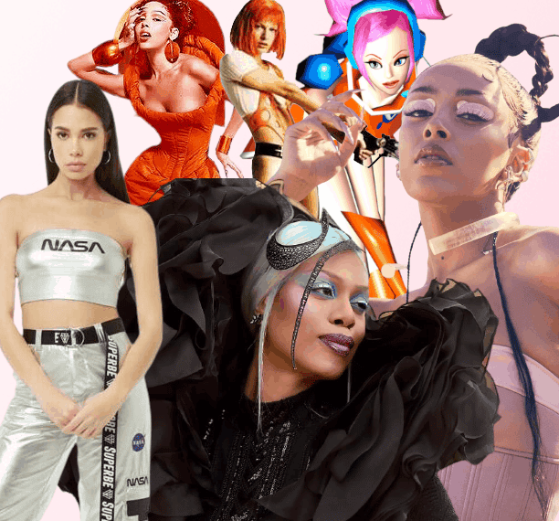 A collage of fashion including 2000s space-age references, Doja Cat in two different sci-fi looks, Laverne Cox looking like a benevolent deity of the night sky I would die for her, also Leeloo from The Fifth Element