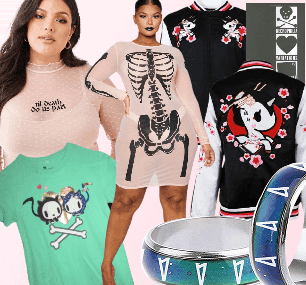 A collage of fashion including  mid 2000s to 2010s pre-tumblr tumblr fashion including a skeleton-printed bodycon dress and Sanrio-inspired prints