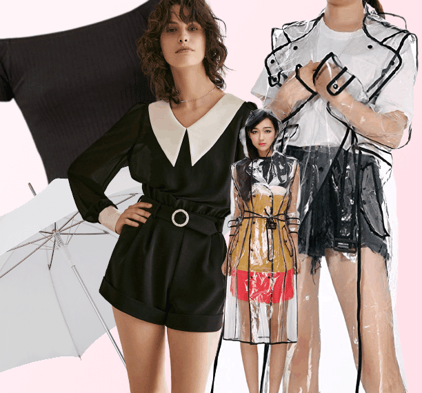 A collage of fashion including a black romper with a wide white collar and a belt, a black ribbed crop top, umbrellas, and a clear raincoat