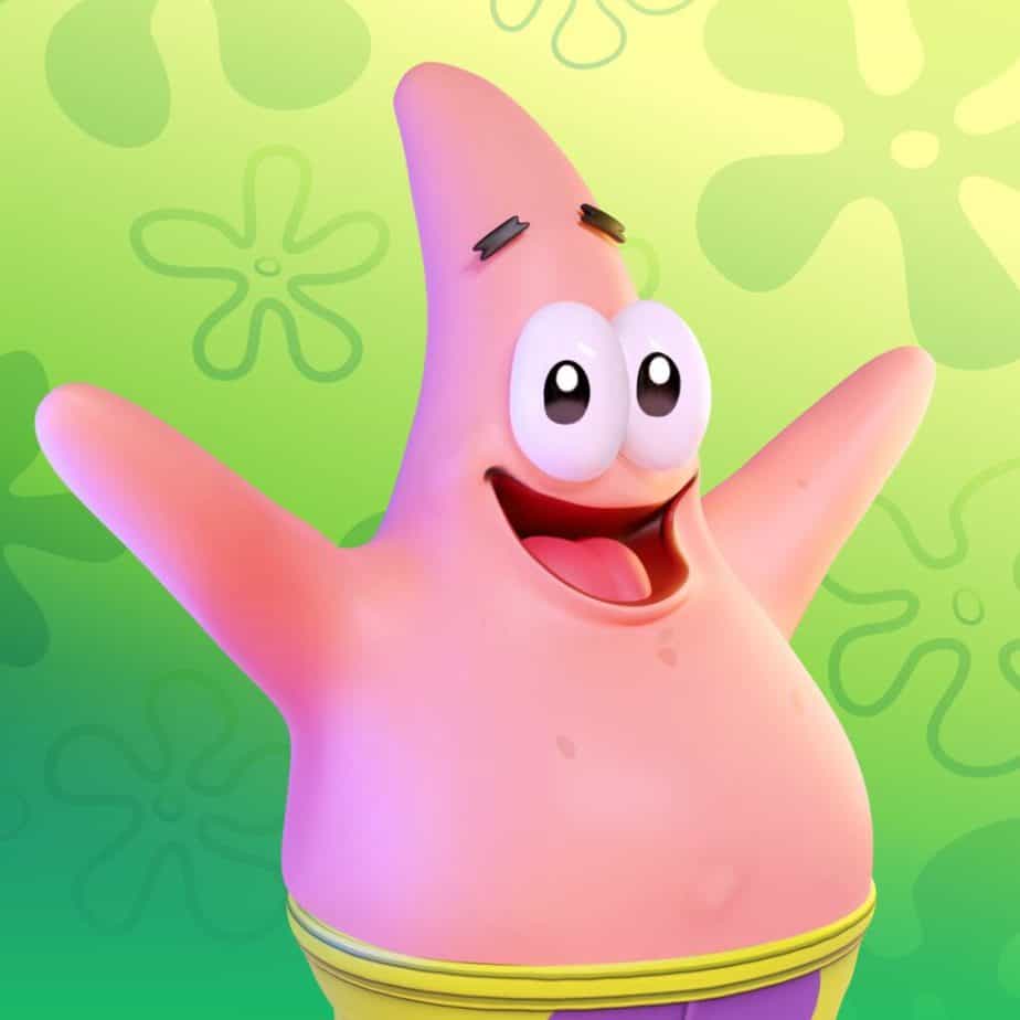 Patrick Star, a good boy, not to be mistaken with Jeffree Star, a racist. Patrick is a pink starfish. He has a bellybutton that's honestly more prominent in the show than it is here--here it kind of looks like a pimple? It's weird. His black eyebrows are raised and his arms are pointed up, making him look like even more of a star. He's wearing green shorts with a purple floral print, and he's in front of a green floral background. He's a good guy just living his best life.
