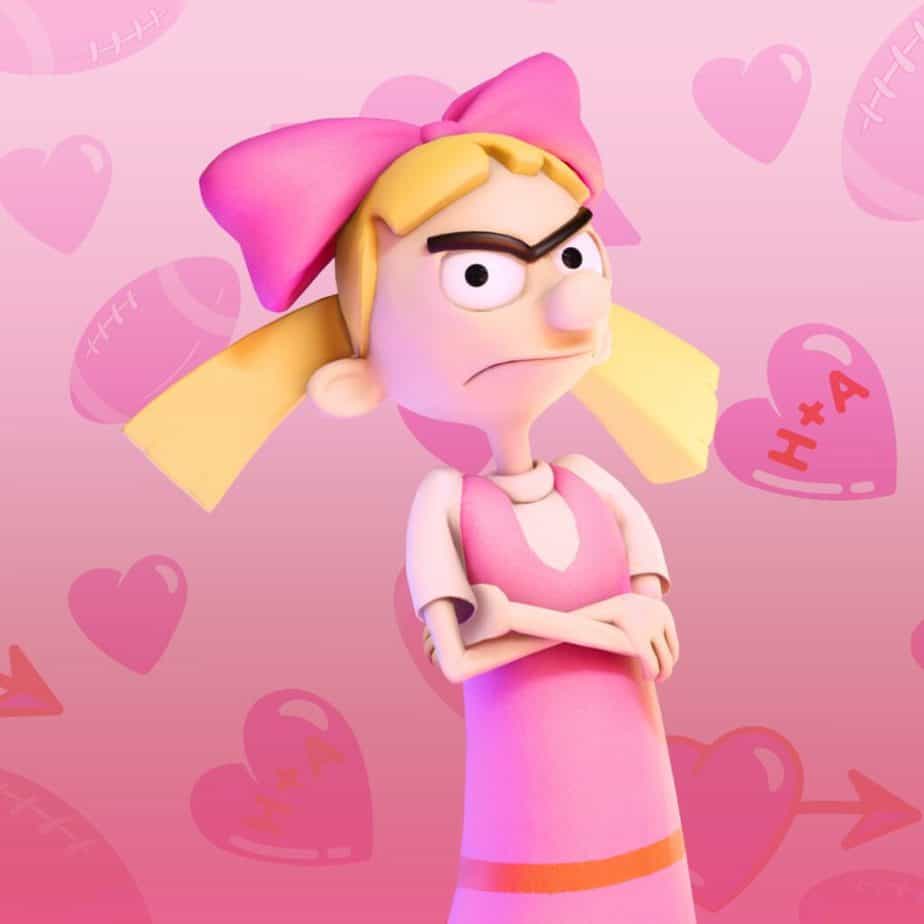 Helga Pataki, a girl wearing pink and crossing her arms. Her blond hair is up in french-fry-shaped pigtails, her bangs are squared, and she has a big pink bow atop her head. She's wearing a pink dress with a red stripe at the bottom over a white short-sleeved turtleneck. She has an iconic unibrow. Listen, I relate hard to Helga in like every way so be fucking nice to her. Don't actually, she's awful. But do, she's a CHILD.