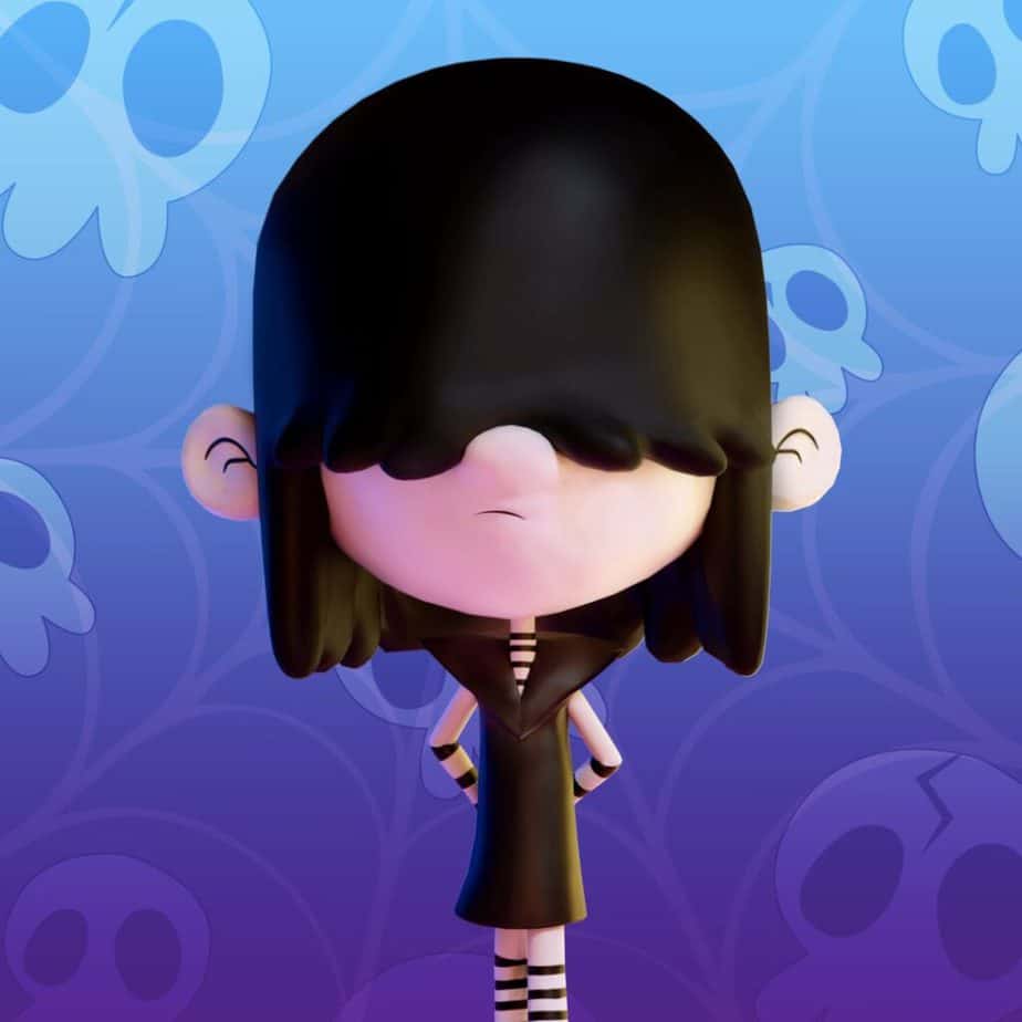 Who the fuck is Lucy Loud? Okay--she's a small girl with a large head dressed in all black. Her black bangs completely cover her eyes, and her nose protudes out from under them. She has a scowl. She's wearing a black dress with a pointy V collar, and there's just kind of black strips on her chest, neck, legs, and forearms. She's in front of a blue and purple background with skulls and cobwebs.