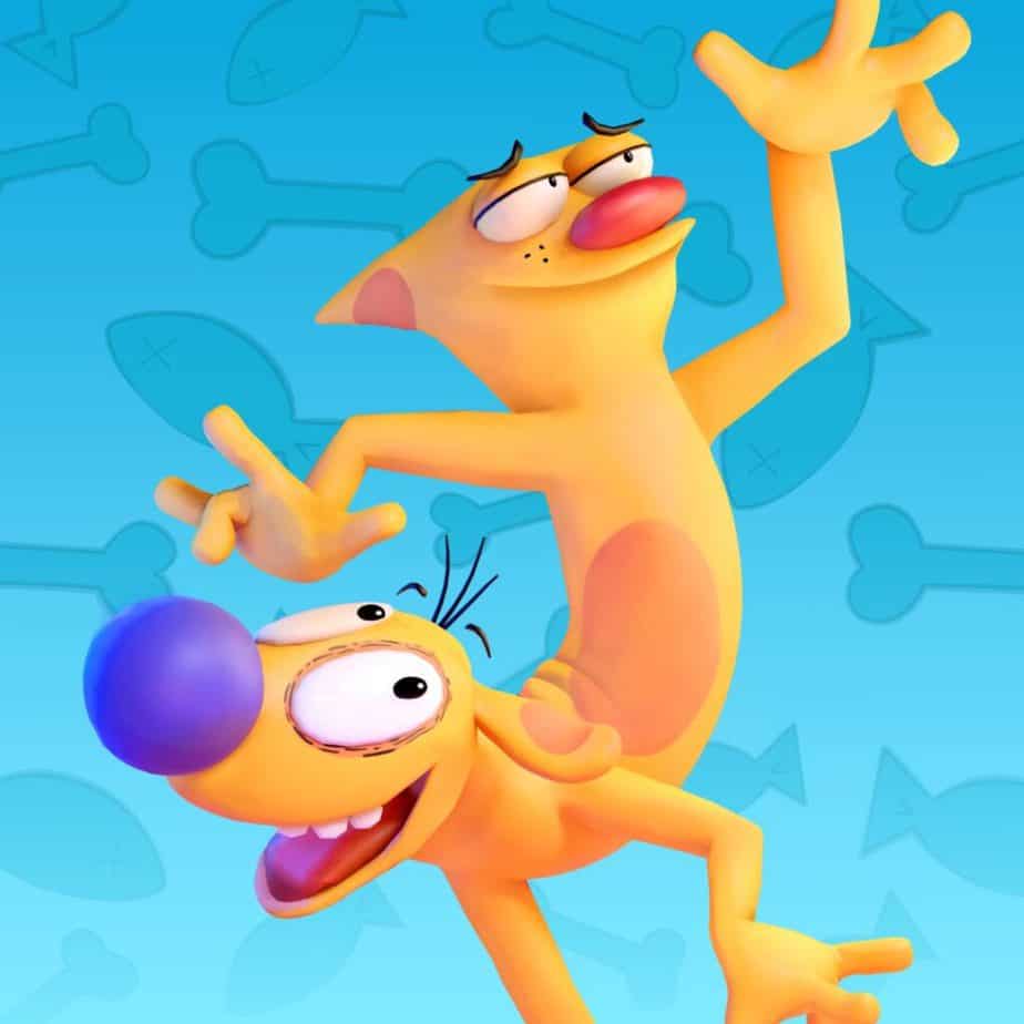 I don't wanna make jokes about Catdog because it feels beneath me and there's so many damn characters here. Catdog is the upper half of a cat fused with the upper half of a dog. In this image, the cat appears to be walking while the dog acts as the feet. They're in front of a bright blue background with fish and bones.