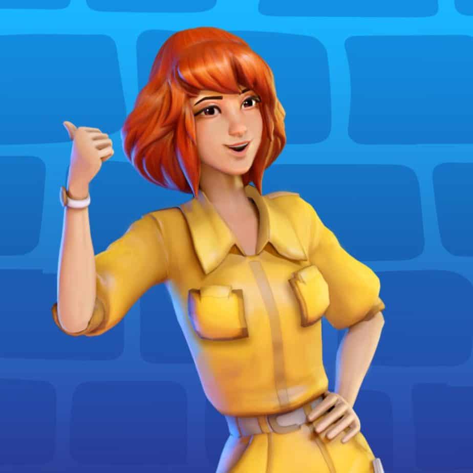 An image of April O'Neil, wearing her signature yellow jumpsuit and kinda cocking her thumb back, like, "Get a load of this bullshit!" I can only assume she's pointing at the results page of my "April O'Neil" Google image search to find this. She's behind a blue background stylized to resemble bricks.