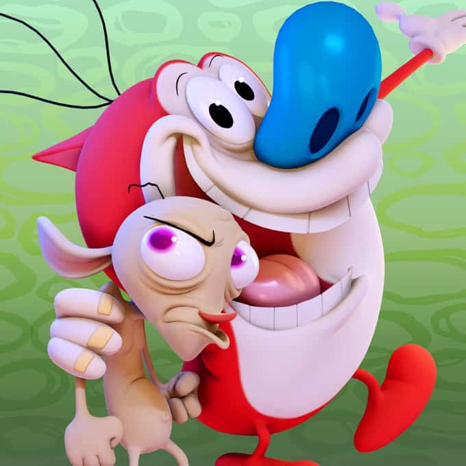 A picture of Ren and Stimpy, two creatures which should have never ever ever been rendered in CG, but here we are. Both characters are anthropomorphized, kinda. In that 90s cartoon way. Okay, so: Ren is a hairless chihuahua. He has pale skin, purple-pink pupils, a little red nose, a sharp black eyebrow, and a single piece of truly foul hair coming out of his truly foul head. Stimpy's chill though, or like, more chill. Stimpy is a big red and white cat with a big ol' blue nose and three pieces of hair coming out of his head. Ren scowls and clenches his fists while Stimpy puts his hand on Ren's shoulder and gestures outwards, convivially. They are in front of a stink green background.