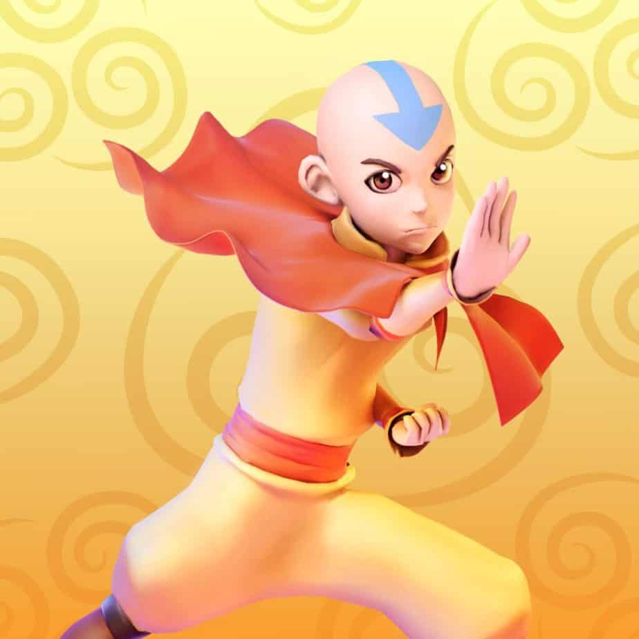 An image of Aang, a 12-year-old monk with air-based supernatural powers. He's wearing casual yellow garments with an orange belt and an orange capelet, which is flowing in assumed wind. Aang is in an airbending stance--a type of elemental martial arts--with one fist clenched but drawn low, while the other extends forward with his palm facing out and his fingers close together. One knee lunges in front of the other, which extends back. He has a light blue arrow tattoo on his head, orange-brown eyes, furrowed brows, and a serious expression. The background is yellow and shows the Airbender insignia, three swirls. Okay but like, if you zoom in on this, why is Aang potato quality? Why did they do this to my son? Why does he look so disappointed? This is fucked up.